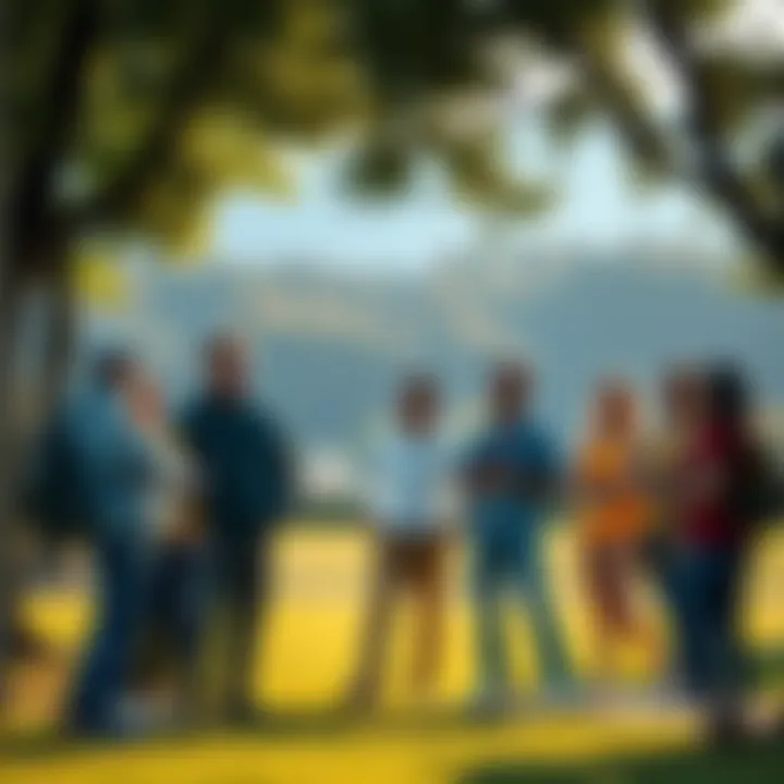 A group of locals in a park sharing thoughts about Marathon and its positive reputation