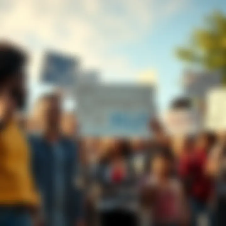 A group of diverse community members holding signs asking for assistance and support, showing their needs and challenges.