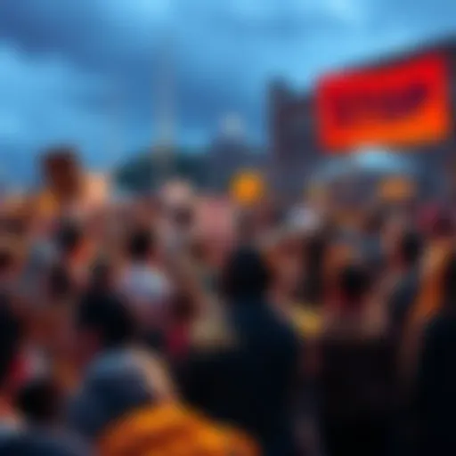 A diverse group of community members gathering with signs to protest against the Dark Voyager, showing unity and determination to address its harmful effects