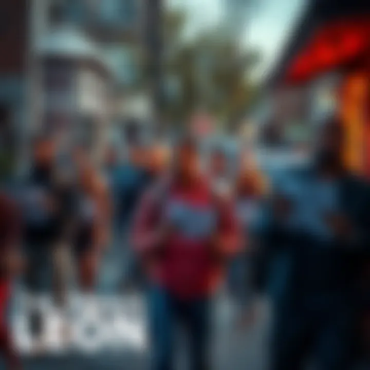 A group of people holding flyers and searching in a neighborhood for Leon, showing concern and solidarity.