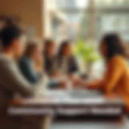 A diverse group of people gathered around a table, discussing and sharing ideas for support, symbolizing community engagement.