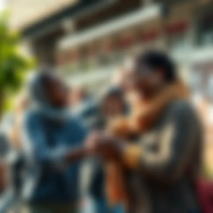 A group of people helping each other in a financial crisis, showing joy and connection