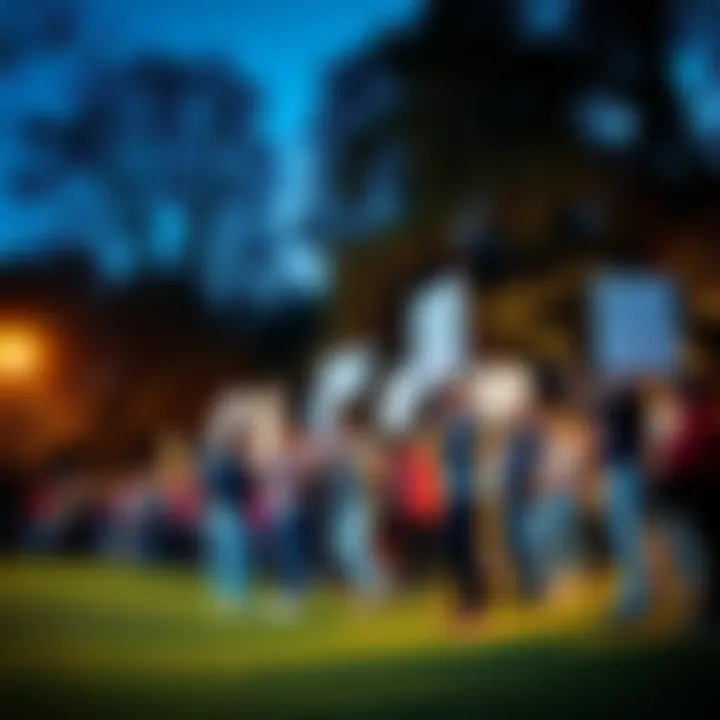 People gathering together in a park holding signs for safety and support, showing unity and care for an individual.