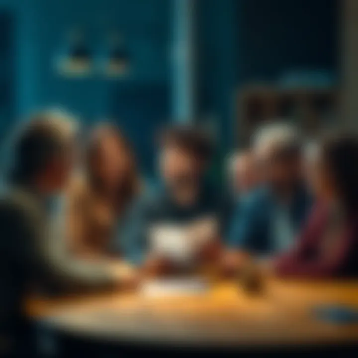 A person sits at a table with a notebook, looking hopeful while surrounded by supportive friends, discussing plans for reintegration into the community.