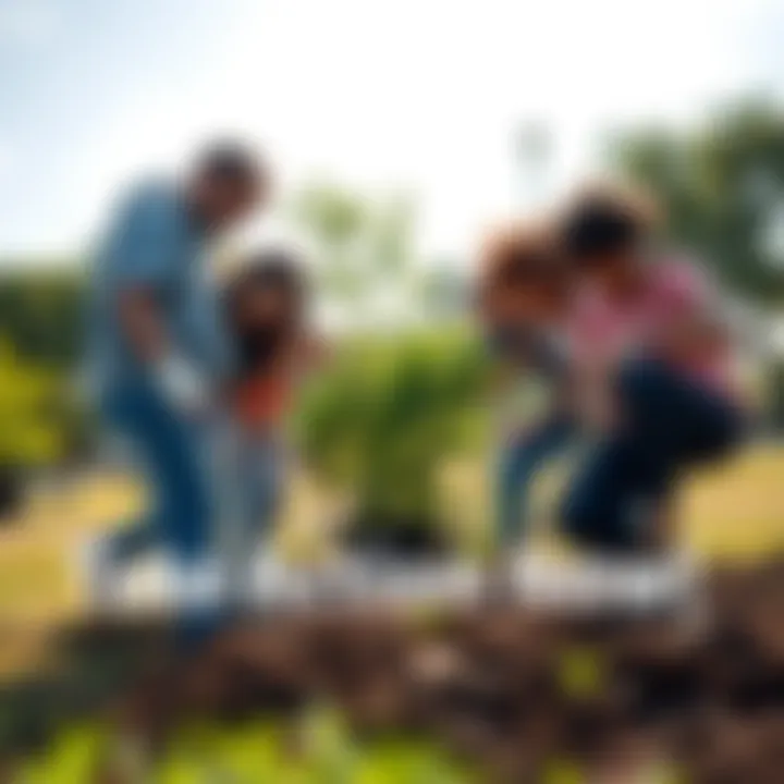 Group of diverse volunteers working together to clean a park and plant trees