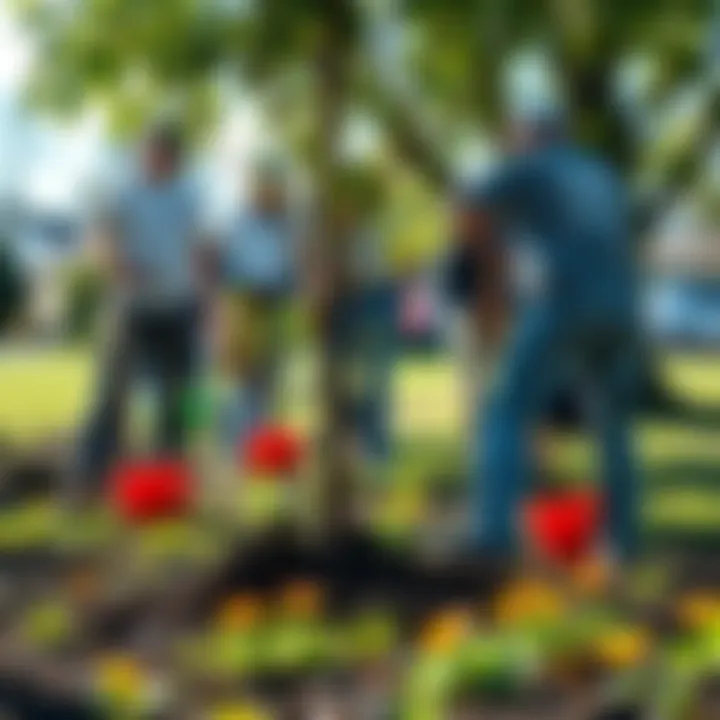 A group of volunteers planting trees in a neighborhood park, working together to enhance their community.