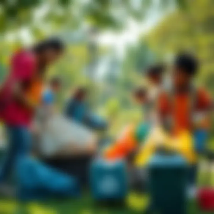 A group of people participating in a community cleanup, collecting trash and recycling materials in a park, surrounded by greenery and clean surroundings.