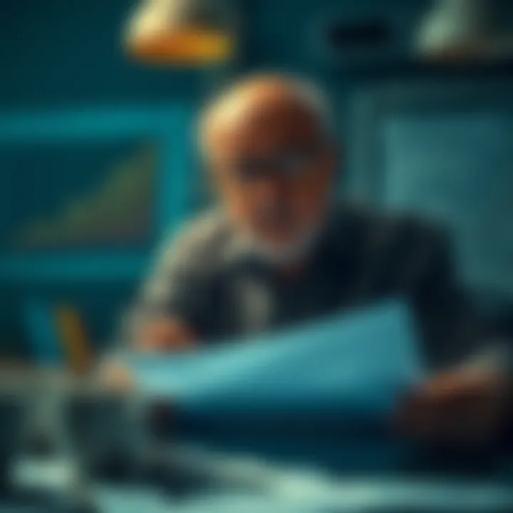 A distressed business owner looks over paperwork with a worried expression after losing a major deal, surrounded by empty coffee cups and financial charts