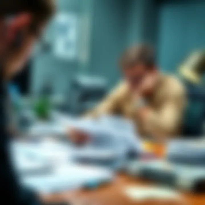 A stressed employee looking at bills and financial reports at a cluttered desk, reflecting a company's poor decisions leading to financial troubles.