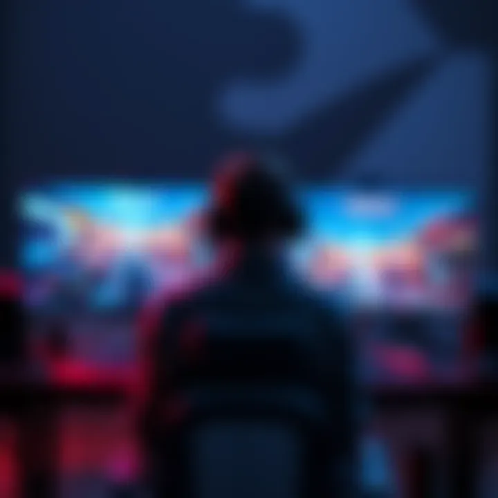 Comparing 180Hz and 240Hz Monitors A gamer sits at a desk, looking at two monitors side by side, one labeled 180Hz and the other 240Hz, with gameplay on the screens.