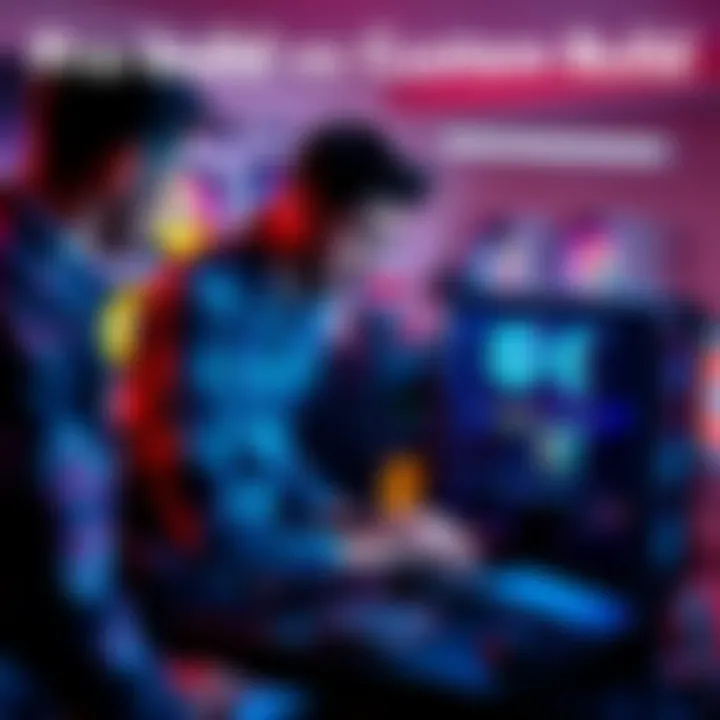 A person analyzing specifications of pre-built and custom-built PCs on a desk with computer parts and components around