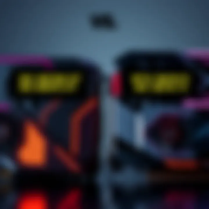 Two graphics cards side by side with labels Rx 9070 XT and RTX 5070 Ti, showcasing their designs and cooling systems