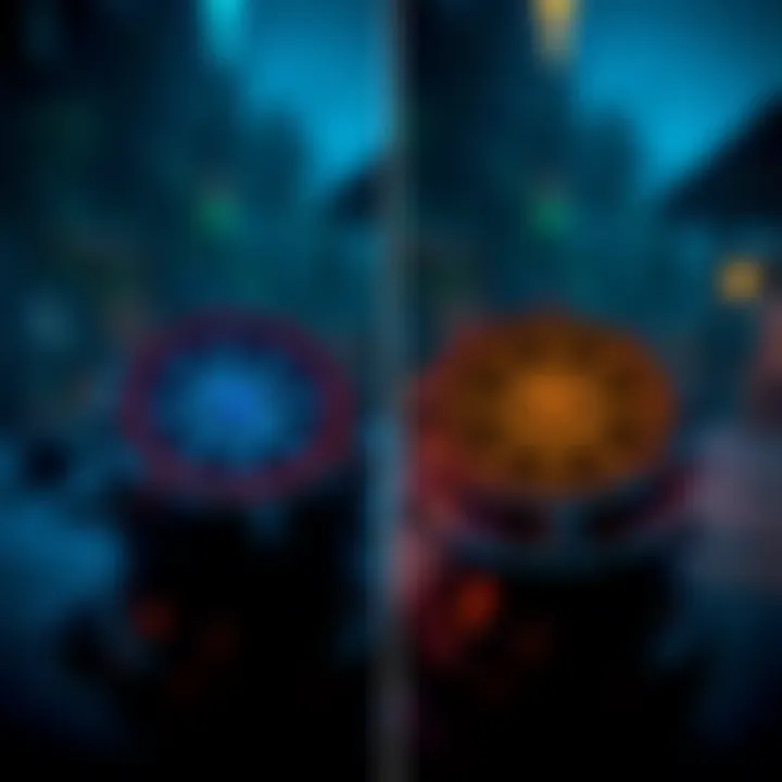 A side-by-side comparison of a colored compass and a transparent compass in a video game setting, illustrating their visibility in gameplay