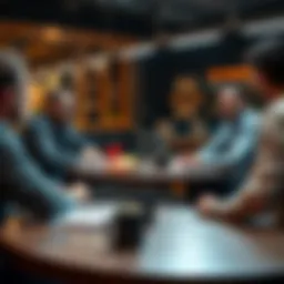 A group of motivated individuals discussing competition and ambition at a round table, with notes and coffee mugs on the table.