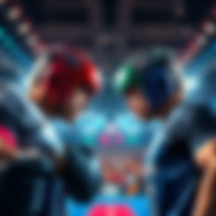 Two competitors facing off in a dynamic sports arena, showing intensity and focus.