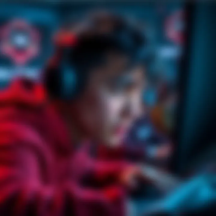 A sweaty gamer intensely plays on a computer, showcasing skill and concentration in a competitive online match.