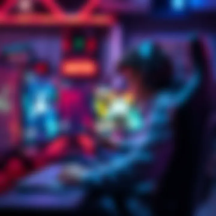A gamer intensely focused on a high-tech gaming setup with multiple screens, a gaming chair, and LED lights, showcasing a competitive environment.