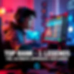 A focused gamer sitting in front of a computer, ready to play, with gaming gear around and a leaderboard on the screen.