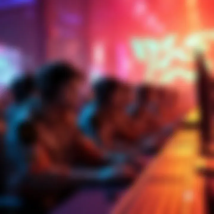 Competitive gaming environment A vibrant scene of players engaging in a competitive gaming event, showcasing excitement and teamwork while participating in trials.