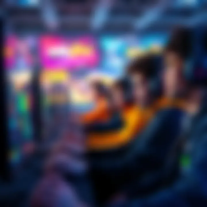 A group of gamers intensely focused on their screens, playing strategy games that emphasize teamwork and skill, with colorful graphics on display.