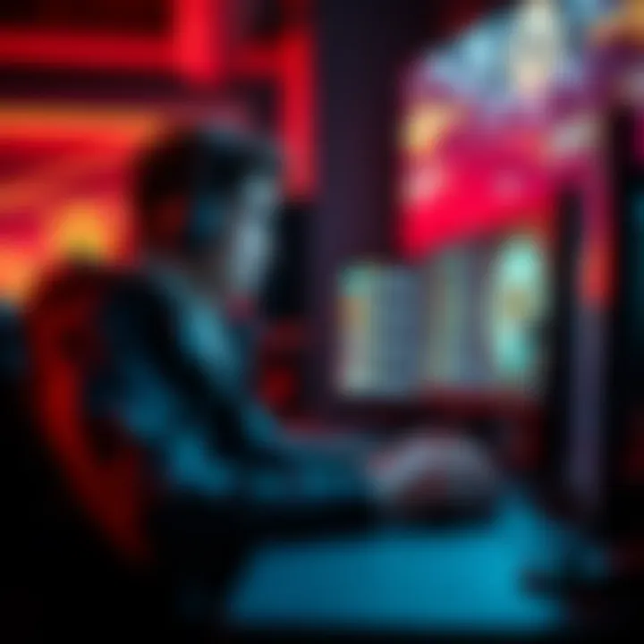 A focused achievement hunter playing video games on a computer, with achievement lists displayed on the screen, emphasizing strategy and efficiency.