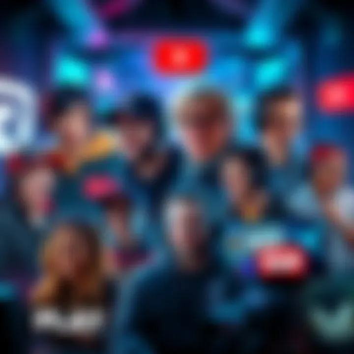 A collage of popular YouTubers known for competitive gaming, featuring their game avatars and channel logos