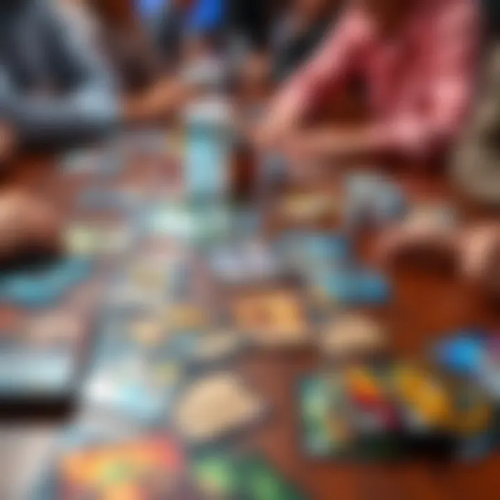 Various colorful game cards from different classes laid out on a table with players discussing strategies