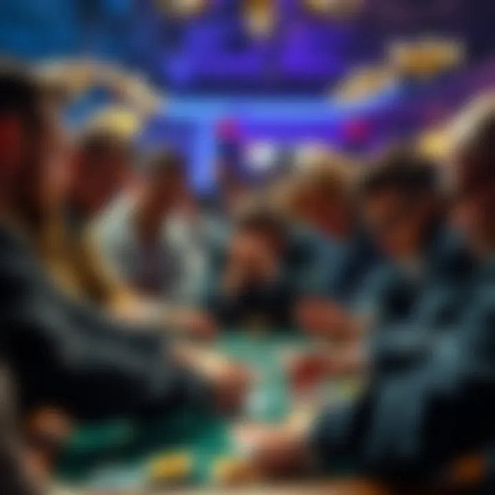 A group of players intensely focused on a card game at a tournament, with colorful cards and competition in the air.