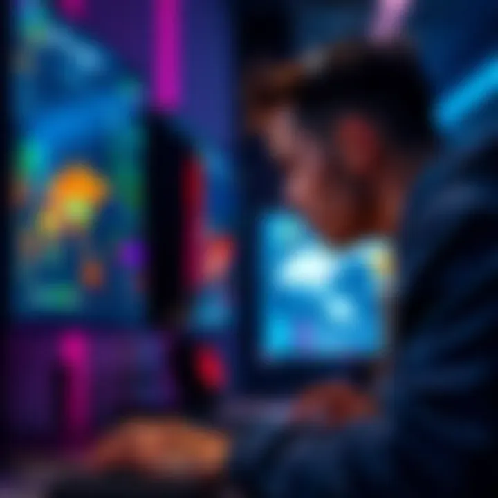 A competitive gamer focused on a screen, analyzing gameplay stats while looking determined. Background is a gaming setup with official maps displayed.