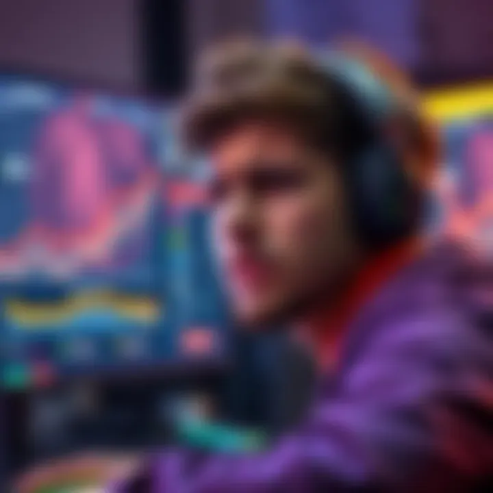 A gamer looking frustrated while playing a competitive video game, surrounded by charts showing losing trends on a screen.