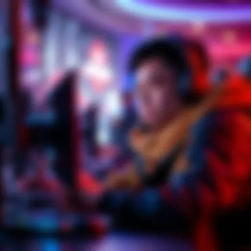 A competitive gamer intensely focused on a gaming screen, demonstrating their skills in a tournament setting.