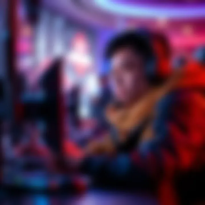 A competitive gamer intensely focused on a gaming screen, demonstrating their skills in a tournament setting.