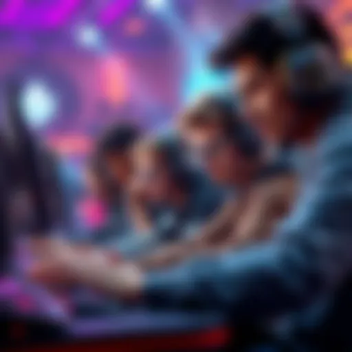 Competitive gamers in action A group of gamers intensely focused on a multiplayer PvP game, showcasing skill and strategy in a vibrant gaming environment.