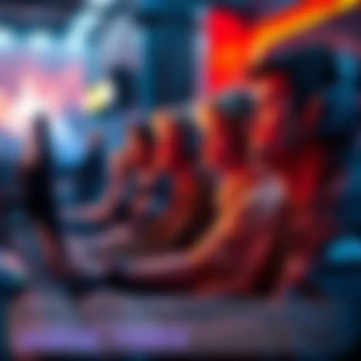 A group of competitive gamers sitting in front of their screens, waiting for a match to start with frustrated expressions.