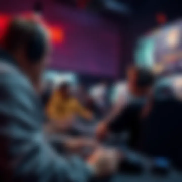 A group of gamers engaged in a debate over audio changes affecting gameplay, with game controllers and screens visible in the background.