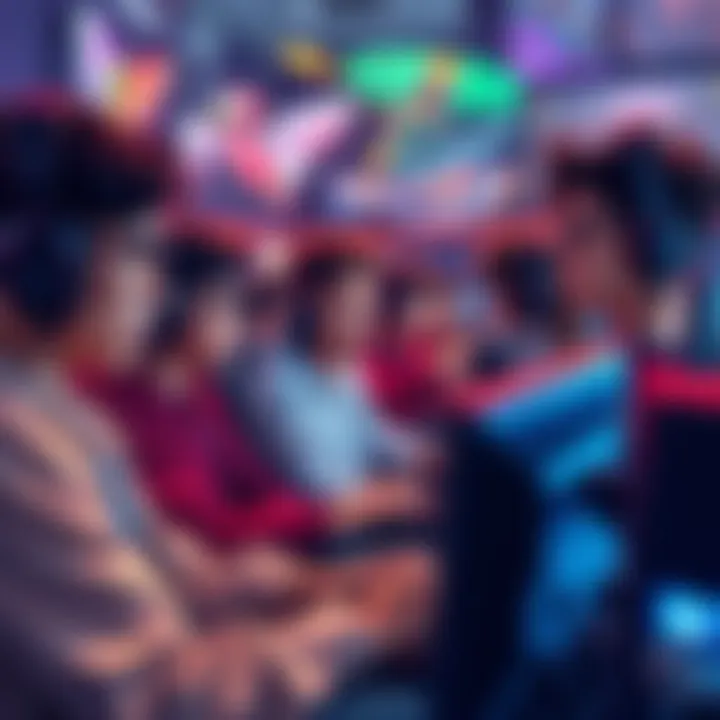 Competitive Gaming Illustration A group of diverse players in a gaming setup, focused on screens, playing various unique competitive games.