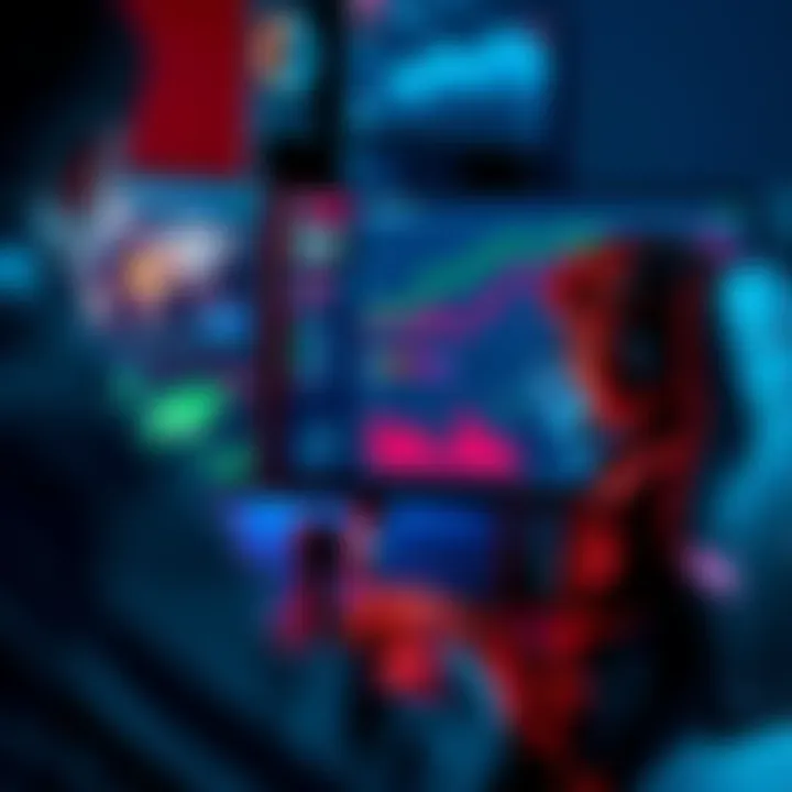 A competitive player analyzing game strategies on a computer screen, with charts and graphs for skill improvement.