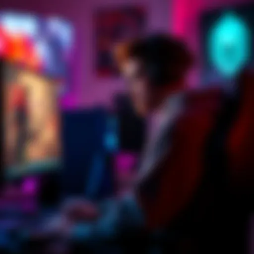 A hardstuck platinum player sits at their gaming setup, focused on their screen, with a thoughtful expression. The room is lit by the glow of the monitor, showing a competitive game in progress. Team ...