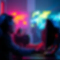 A gamer sits in front of a computer, focused on a competitive FPS game, with a headset and colorful LED lights in the background.