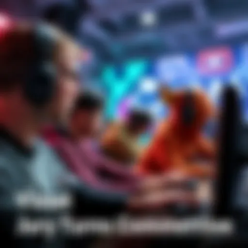 A group of gamers intensely focused on playing in a competitive setting, showcasing their skills during a match
