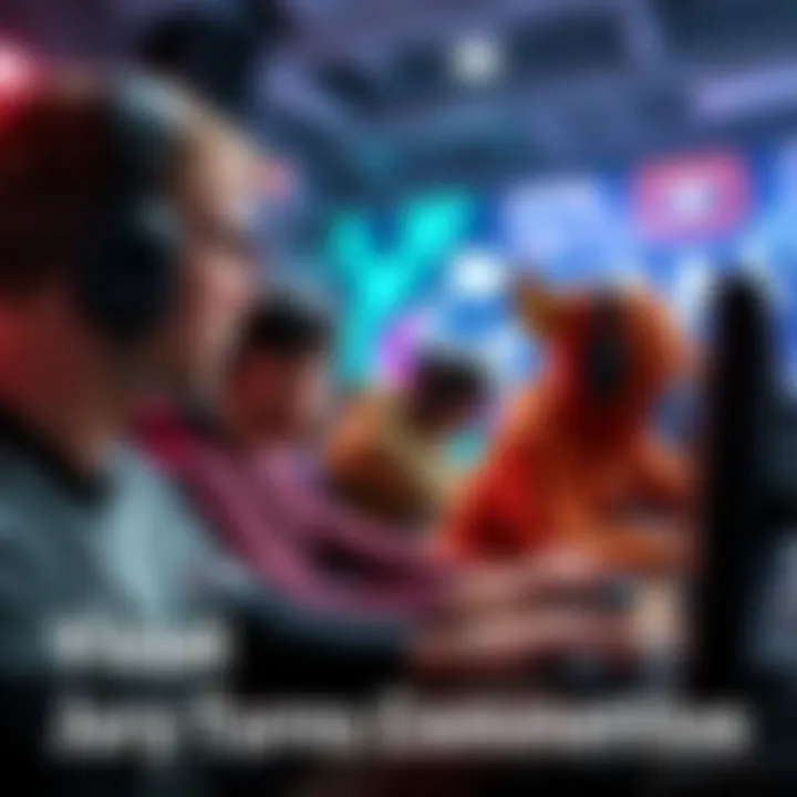 Competitive gaming scene A group of gamers intensely focused on playing in a competitive setting, showcasing their skills during a match