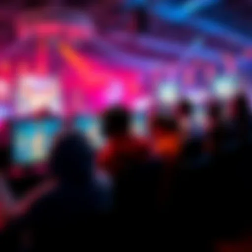 A vibrant competitive gaming event with players focusing on their screens, showcasing Rank Arena gameplay.