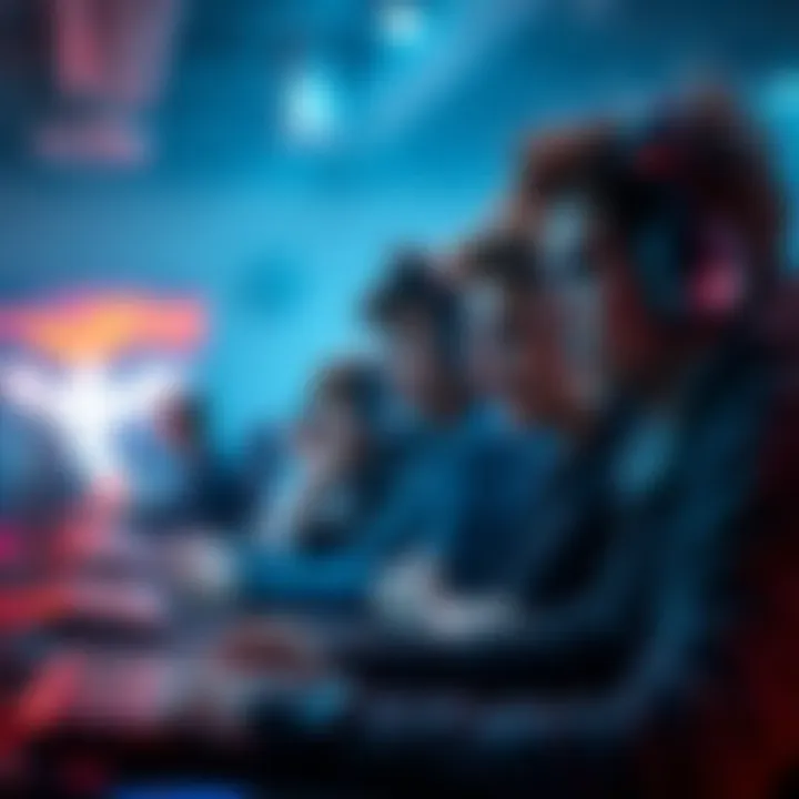 Competitive gaming scene with players A group of gamers engaged in a competitive match, showing intense focus and determination, contrasting with another group having fun and chatting nearby