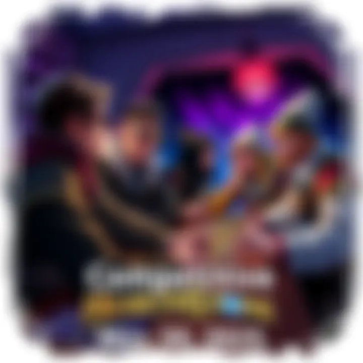 A group of players discussing Hearthstone strategies with cards and a game board in view.