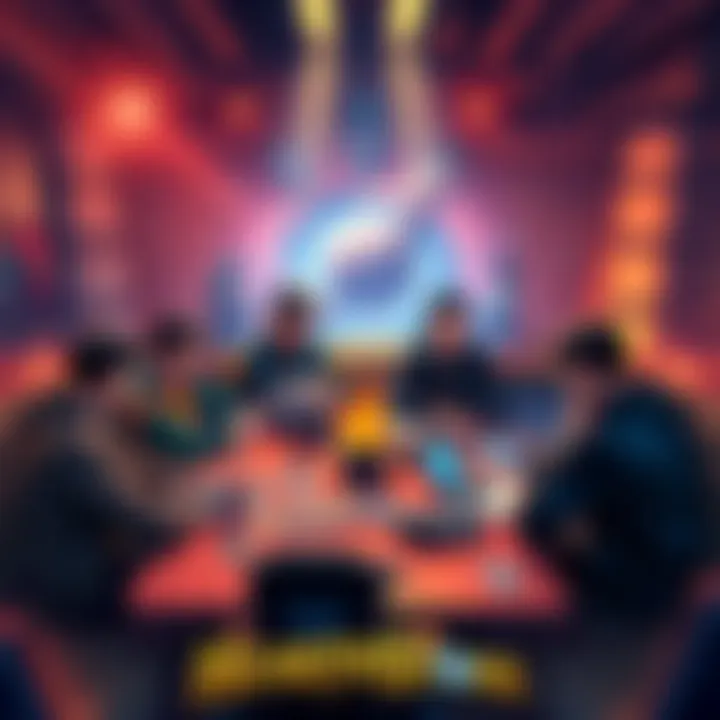 A group of players discussing Hearthstone strategies and deck reviews around a table with game cards and laptops.