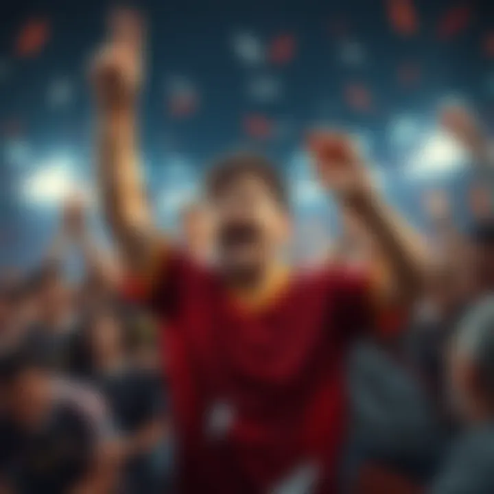 A person celebrating a victory with a dramatic expression after winning a game, surrounded by spectators showing excitement.