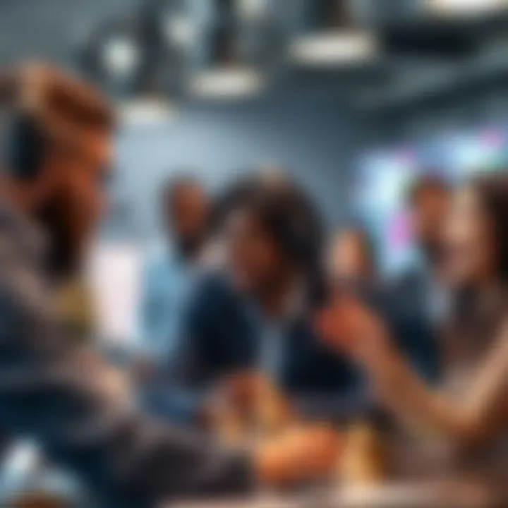 A group of diverse individuals strategizing and working together in a competitive environment, focused on achieving their goals.