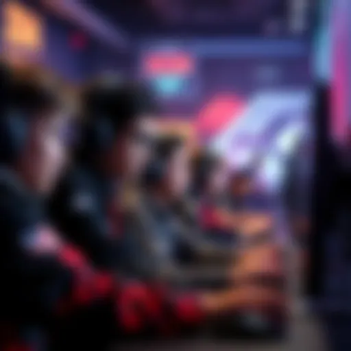 A group of diverse gamers focused on their screens, collaborating in a competitive gaming environment. Each player displays concentration and teamwork while strategizing for victory.