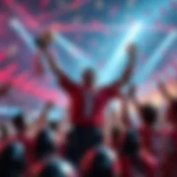 A dedicated competitor joyfully celebrating their achievement of reaching the Top 1 ranking after a long journey, surrounded by trophies and fellow supporters.