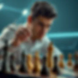 A focused individual analyzing strategies with a chess board and game pieces, illustrating tactics for defeating opponents.